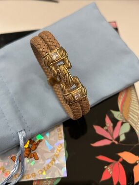 Judith Ripka vintage braided tan vegan leather bracelet. CZ stones.